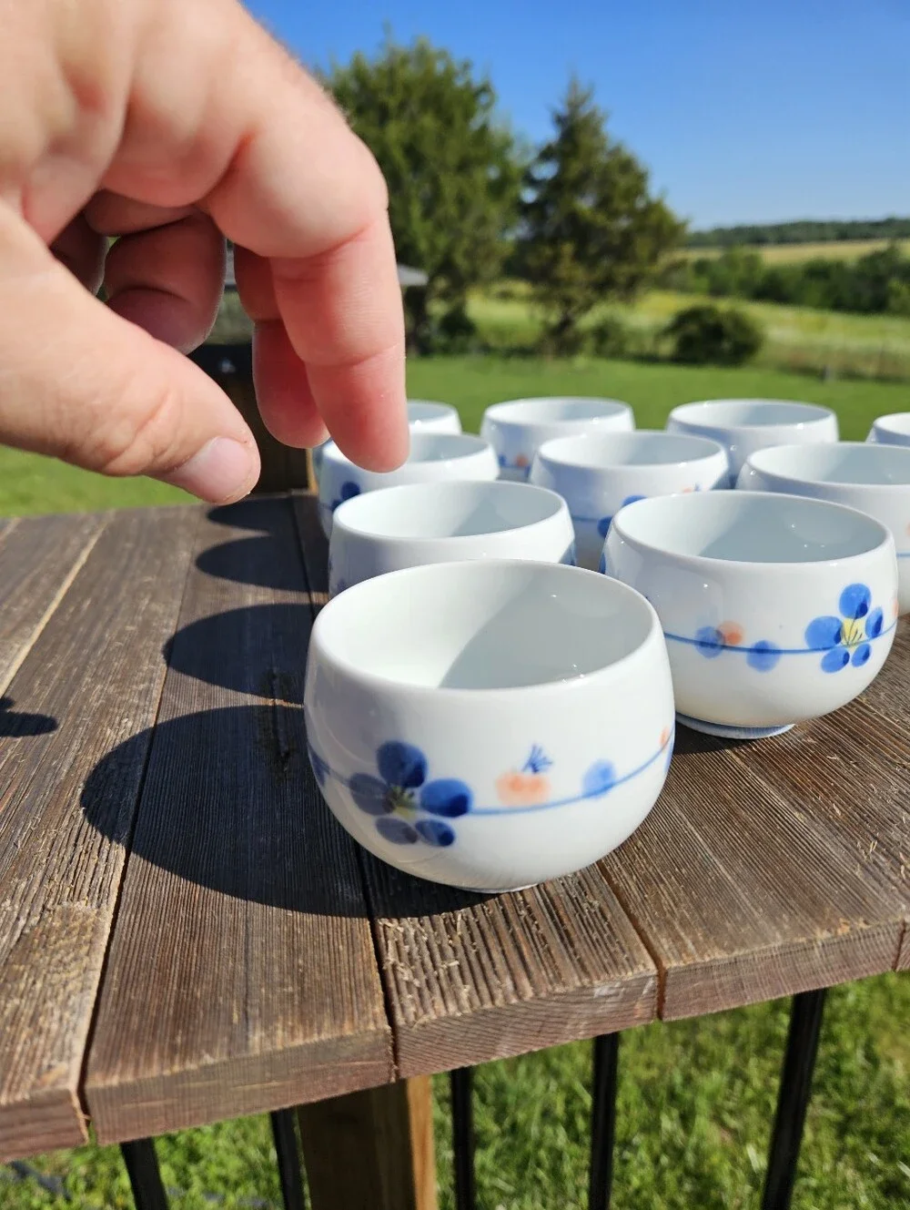 Set of 10 Vintage Japanese Arita Ware Yunomi Tea Cups Blue Floral White Porcelai